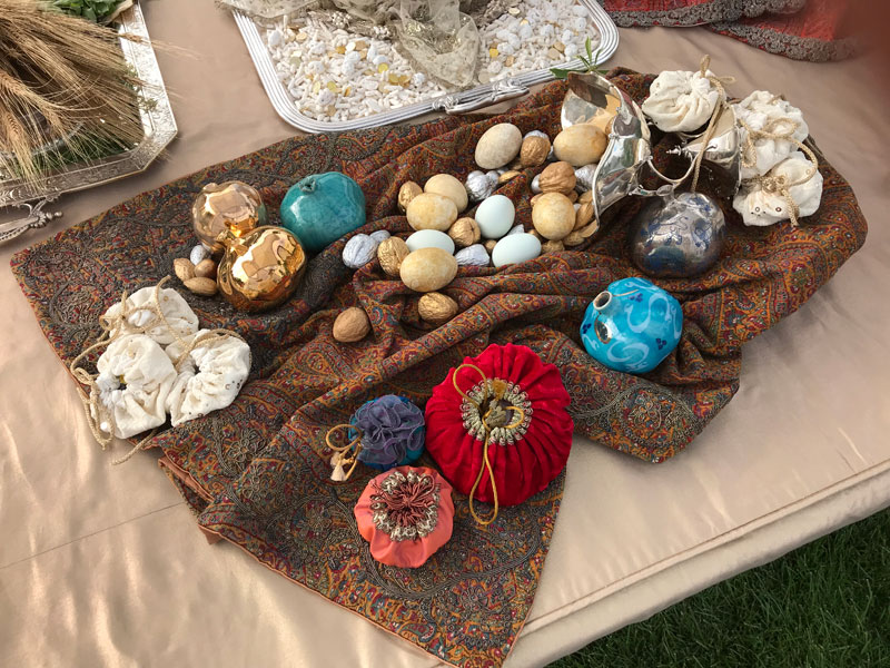 sofreh with antique Persian textile, known as termeh