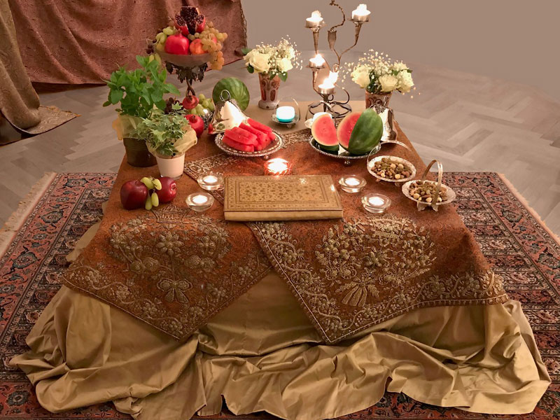 termeh, fruits, flowers, herbs, nuts, and verse