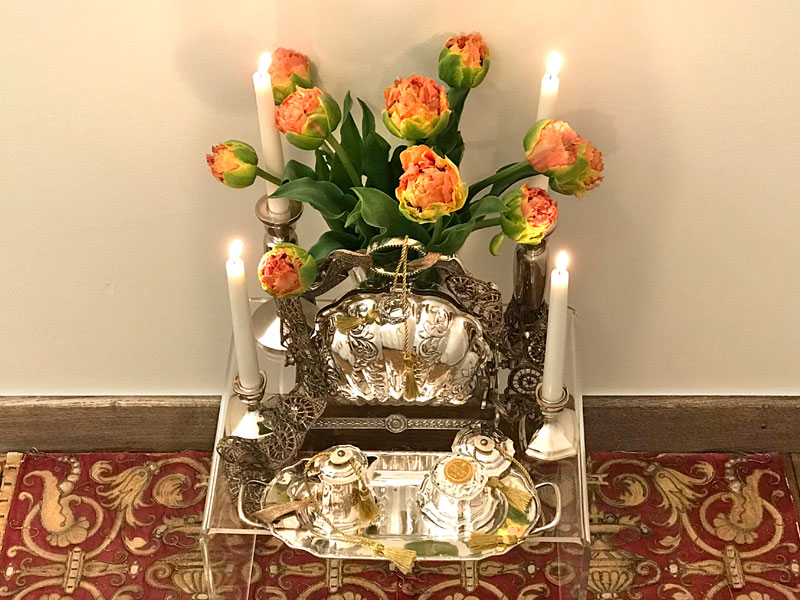 tulips and Victorian-style bread warmer