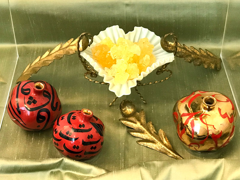 silk, ceramic pomegranates, crystal sugar