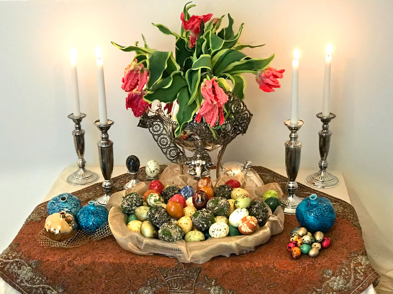 antique silver-plated urn with parrot tulps, pomegranates