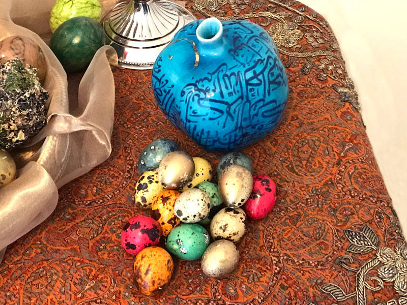 ceramic pomegranate and decorated quail eggs