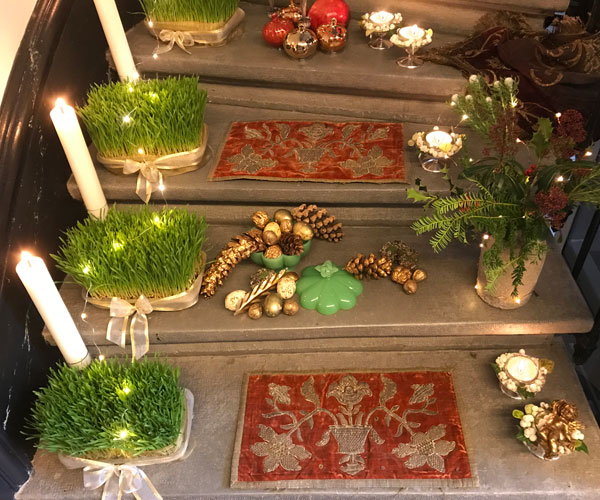 christmas foliage and lights, cherub, candles