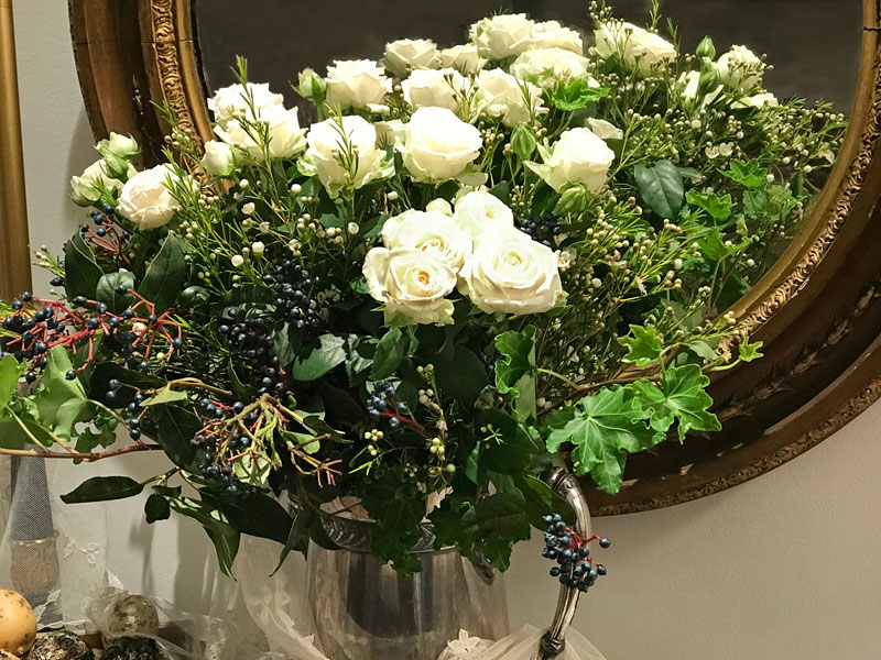 Bubble spray roses, wax flowers, Viburnum Tinus