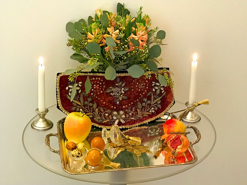 peach hyacinths, wax flowers and seeded Eucalyptus