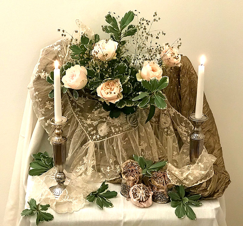 chiffon roses and foliage on gold silk textile