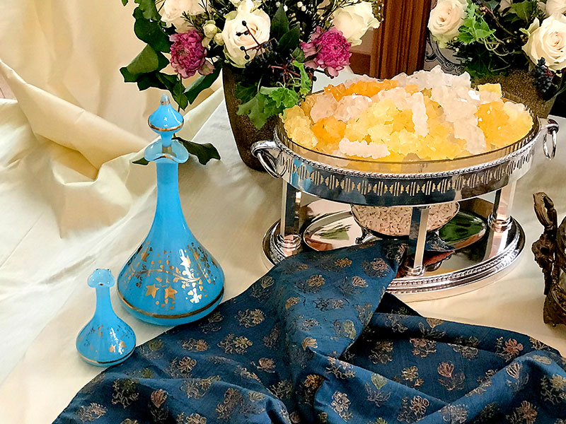 blue rosewater flasks and crystal sugar