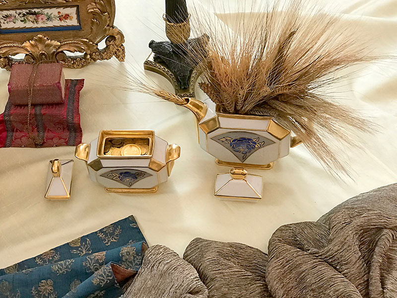 art deco tea set with sheaves of wheat and gold coins