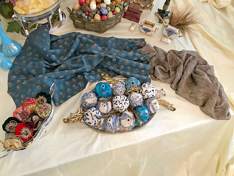 persian blue brocade, pomegranates, bonbonnieres