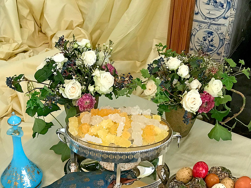 flower displays, crystal sugar, and decorated eggs