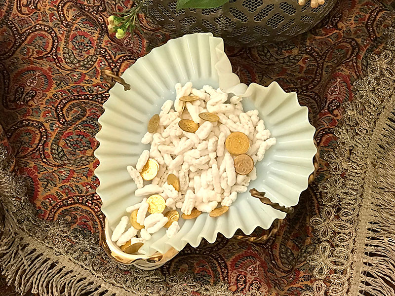 antique opaline vessel holding the Persian sugared almonds