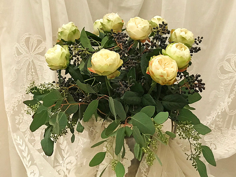 bouquet of Kahala roses, eucalyptus, berries