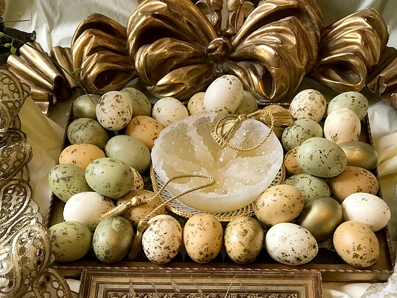 crystal sugar, decorated eggs, gold tassels