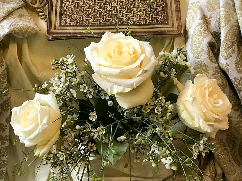 candlelight roses, wax flower, foliage, ivory silk