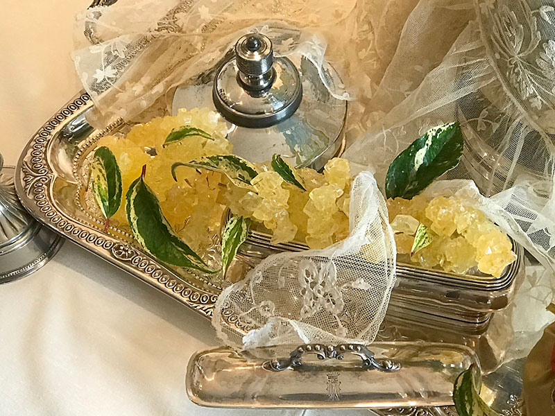 gold crystal sugar with silver urn and tray