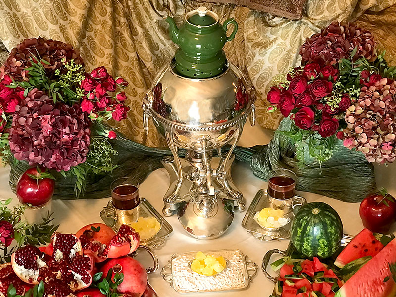 Sofre with teapot, persian sugared almonds and crystal sugar
