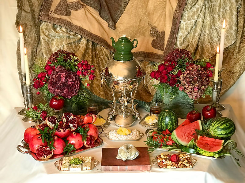 samovar, antique teapot, dried fruit &amp; nuts, sweets, fresh red fruits, flowers, flames &amp; verse