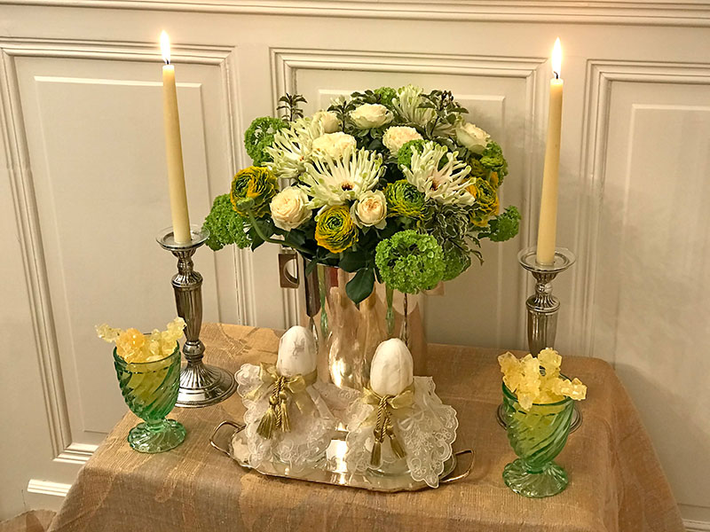 sugarloaves, bouquet, crystal sugar, and candles