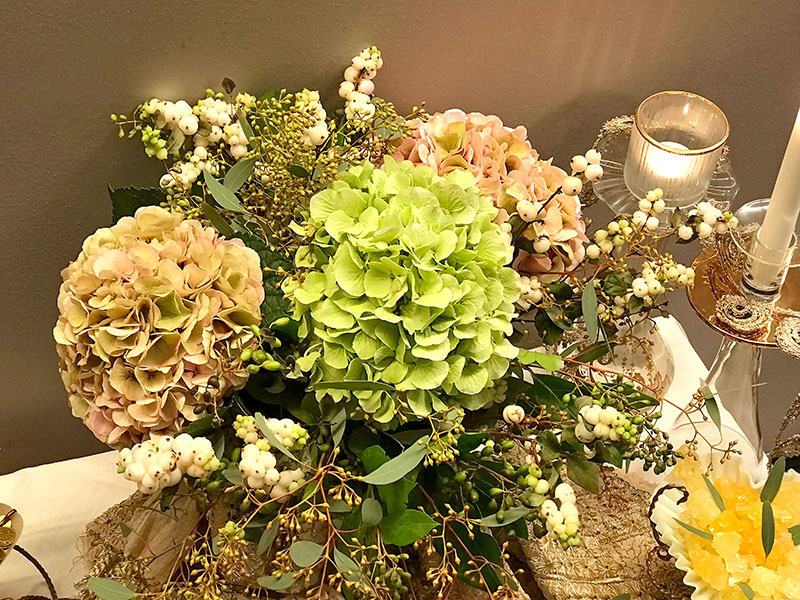 hydrangeas, snowberries, eucalpytus, and ligustrum vulgare