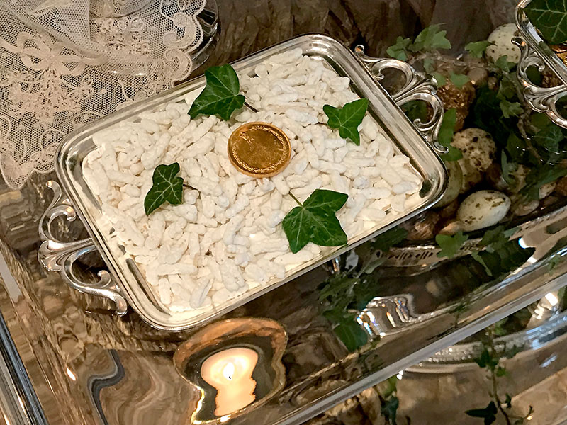 silver with sugared almonds, coin, and ivy