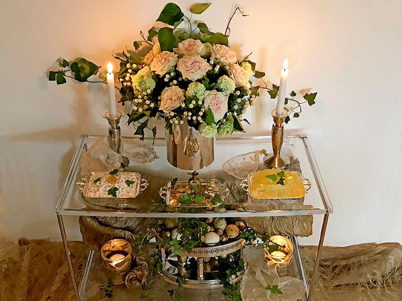 bouquet of country secret roses, candles, nuts, eggs, crystal sugar