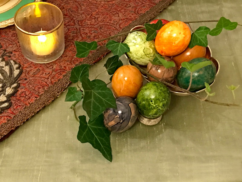 decorated eggs embellished with sprigs of graceful trailing ivy