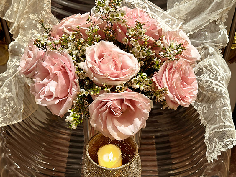 Secret Garden roses and wax flowers with antique lace