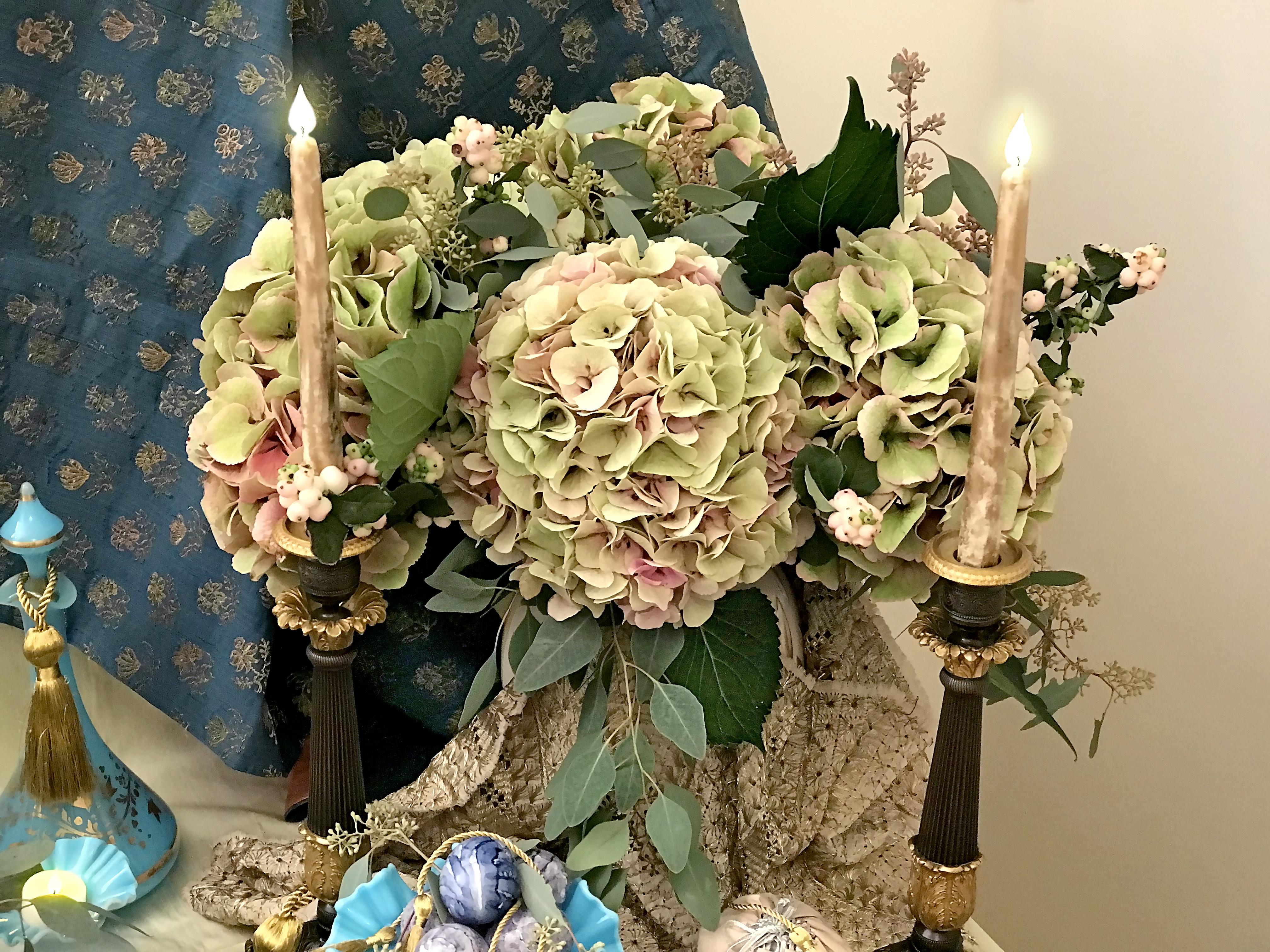 Pastel green and pink Boteroesque hydrangeas