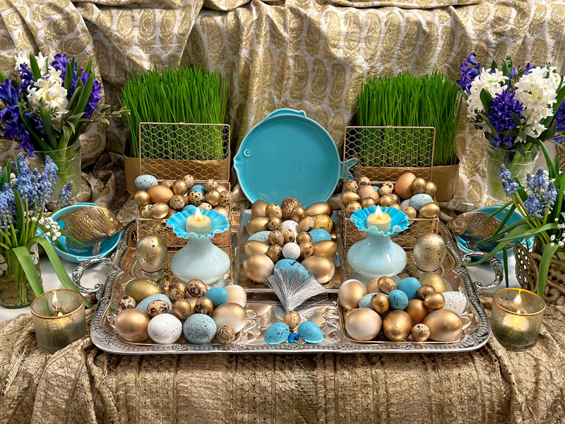platter of coloured eggs presented in various attractive containers