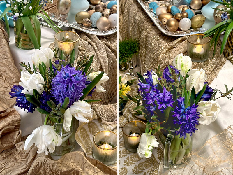 miniature bouquets of amazing white parrot tulips, striking blue hyacinths and foliage