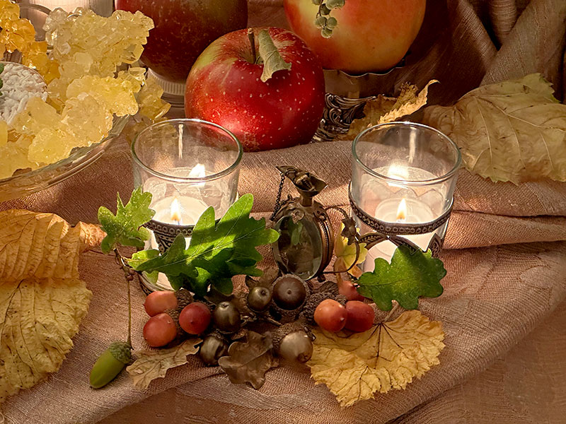 acorns, together with oak leaves, and candles