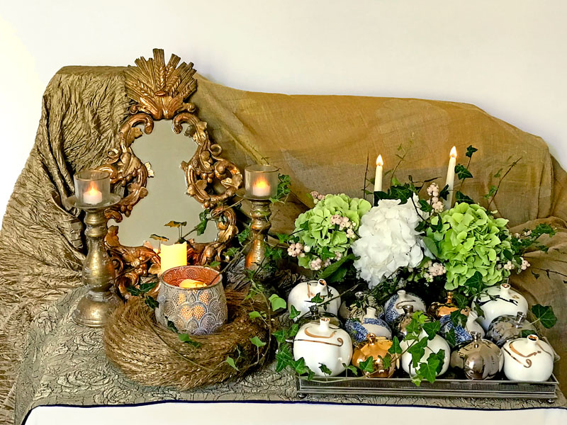 white and pale green hydrangeas and trailing ivies