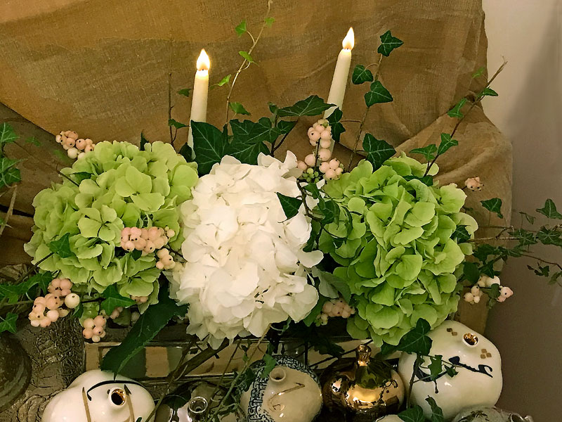 bouquet of Verena Classic and White Verena hydrangeas, Symphoricarpos and trailing ivies